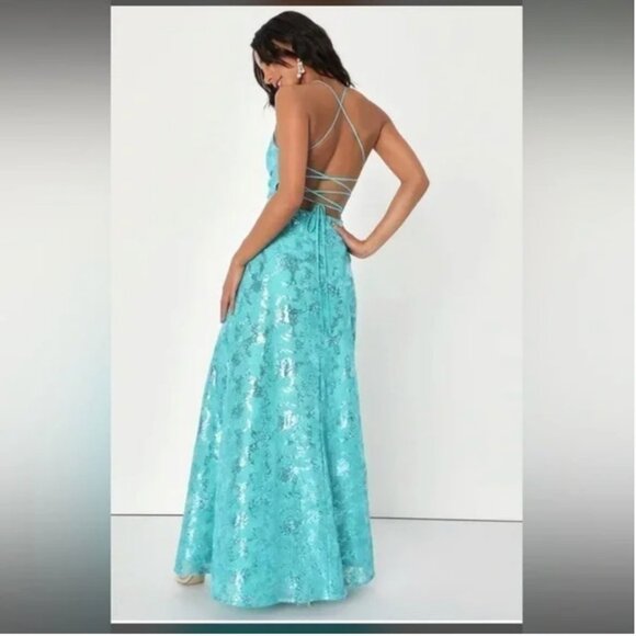 Lulus Glittering Presence Teal Green Sequin Lace-Up Maxi Dress - Picture 2 of 14